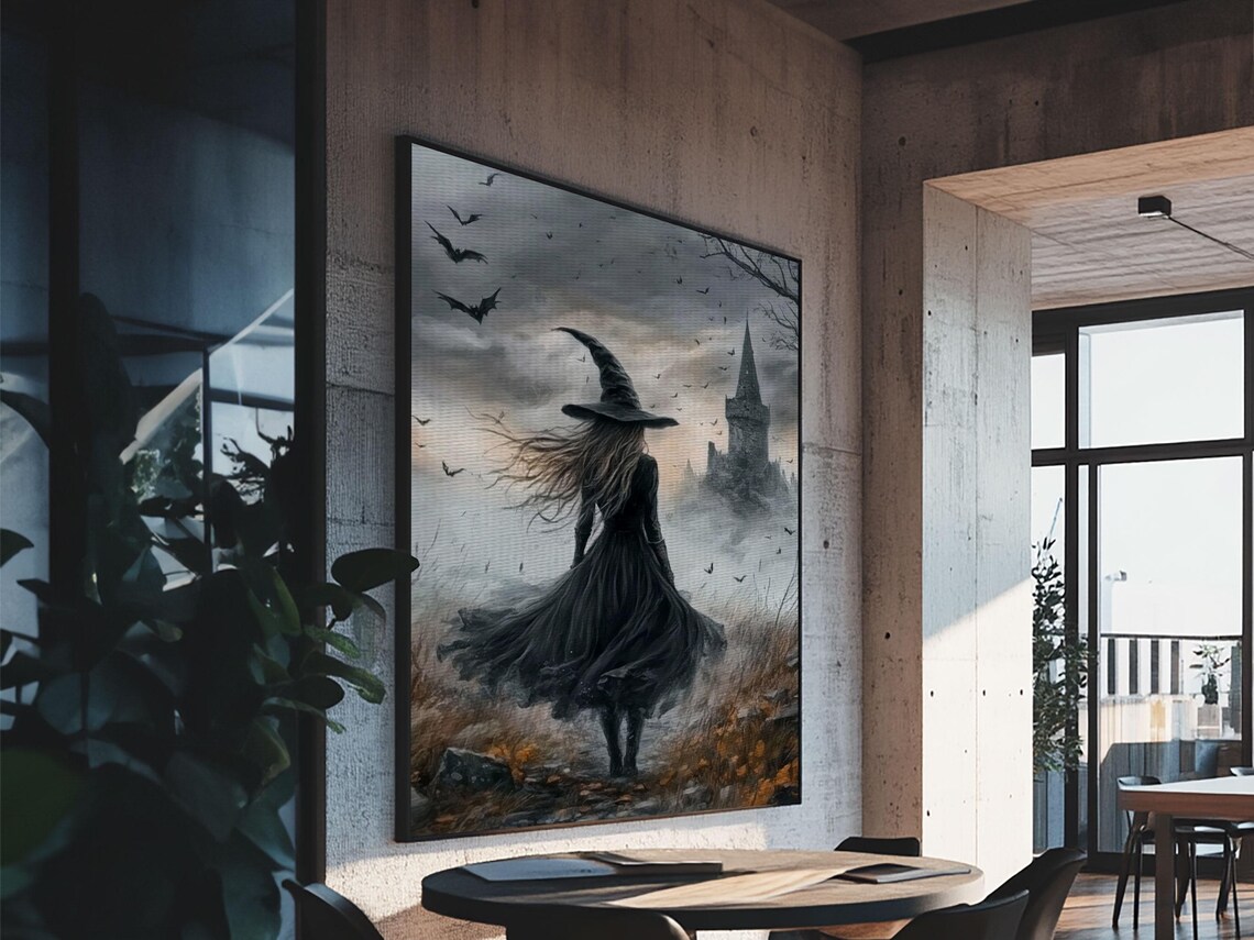 Gothic Witch Walking To Misty Castle Bats Dark Academia Art Print - Image 6