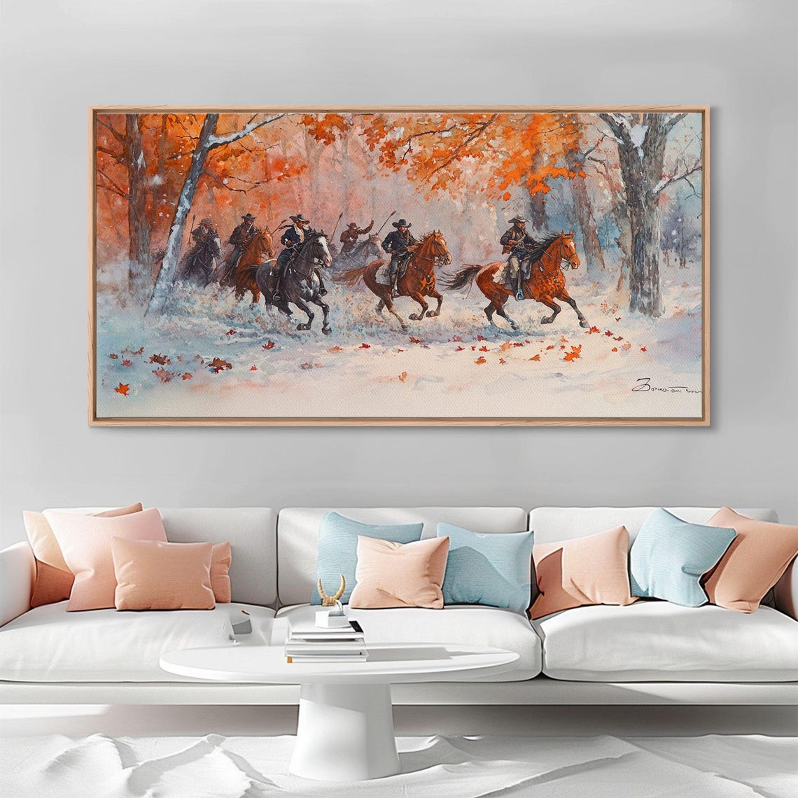 Cowboys Galloping Through Snowy Autumn Forest Storm Art Print