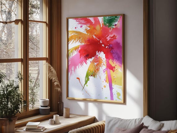Retro Palm Tree Painting Print Framed Print Pop Art Palm Tree Painting Home Decor 80s Style Synthwave Wall Art Coastal Decor