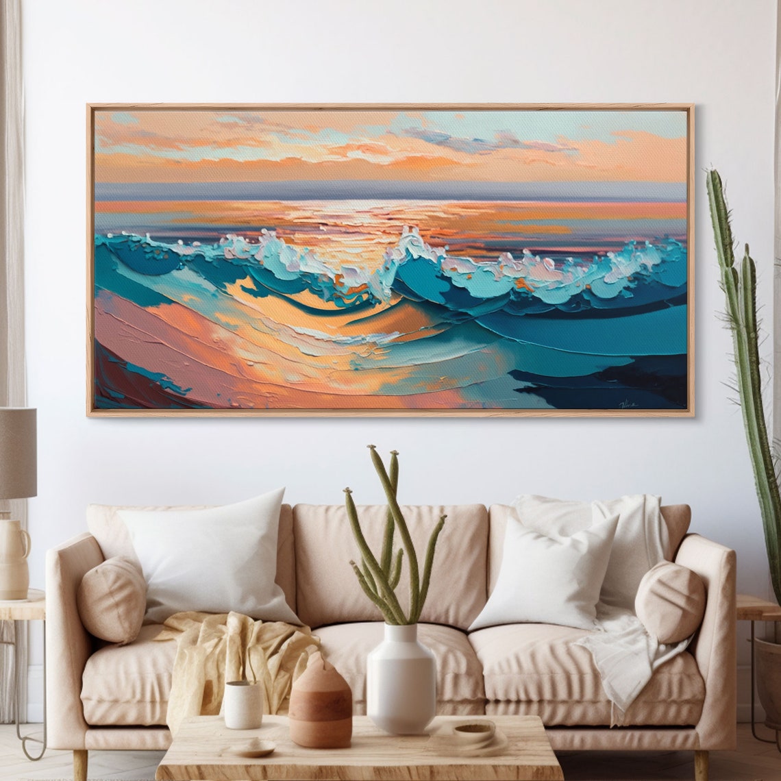 Textured Ocean Waves Sunset Impasto Turquoise Pink Seascape Poster - Image 3