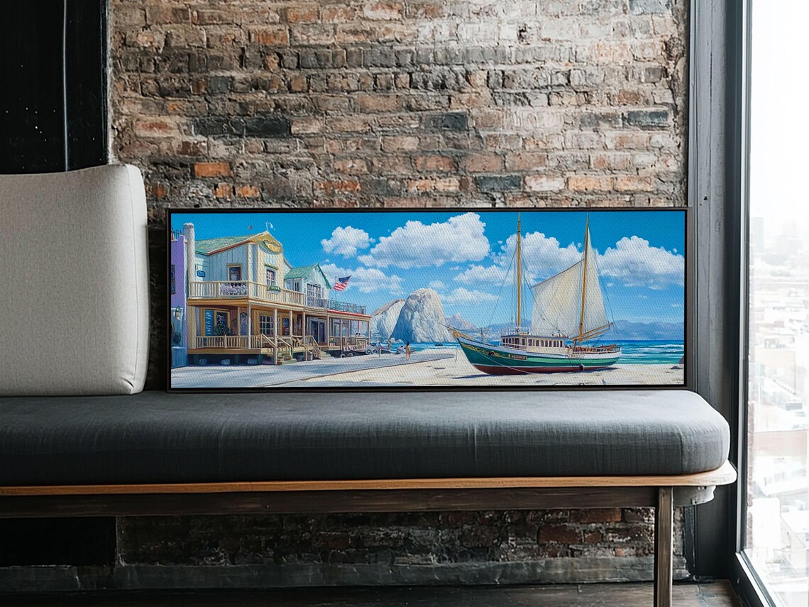 Maine Coastal Town Sailboat Harbor Panoramic Seascape Painting Poster - Image 5