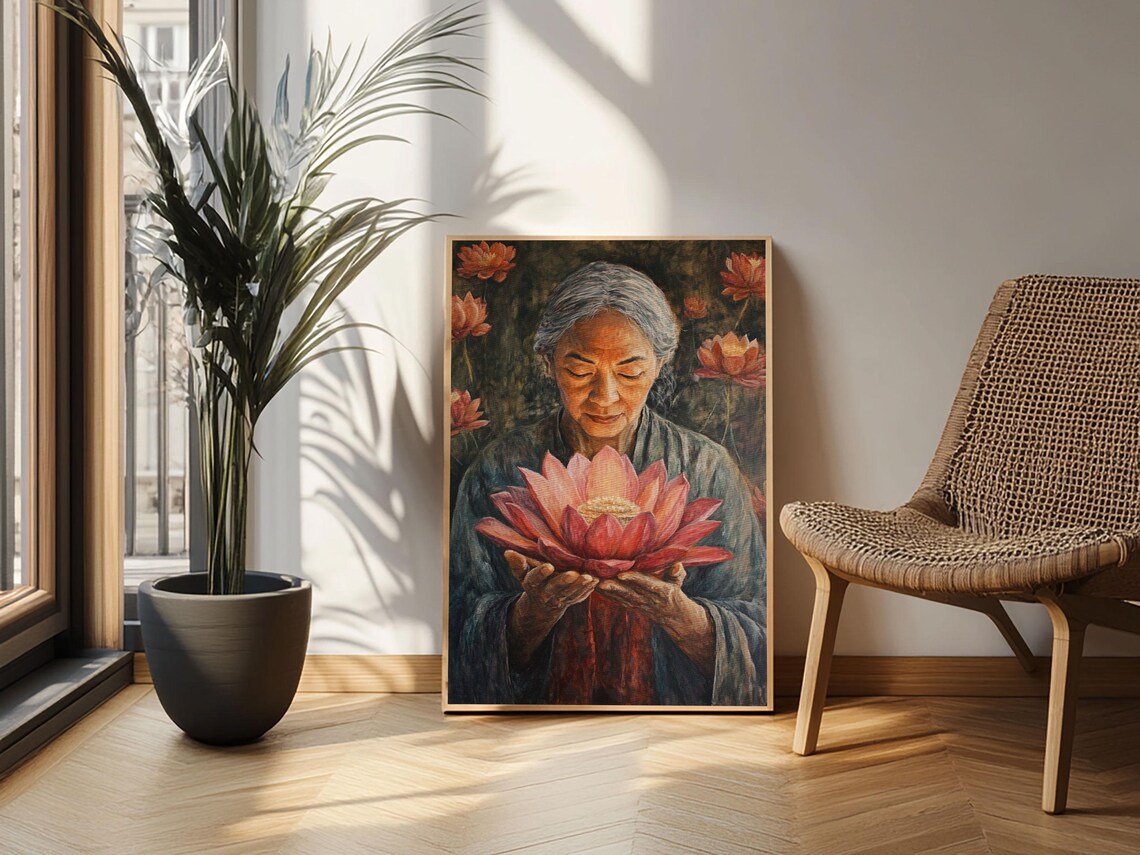 Elderly Woman Holding Lotus Flower Spiritual Zen Painting Poster - Image 2