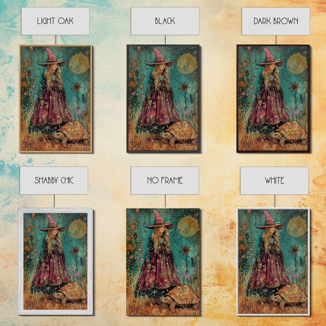 Little Witch Pink Hat Tortoise Moonlit Garden Watercolor Art Poster - Image 3