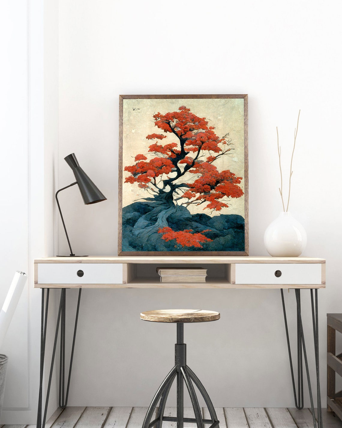 Japanese Maple Tree Red Foliage Vintage Woodblock Style Poster - Image 4