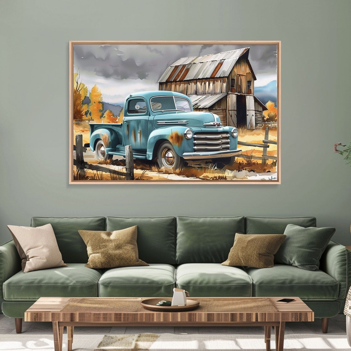 Vintage Turquoise Pickup Truck Old Wooden Barn Autumn Farm Art Poster - Image 6