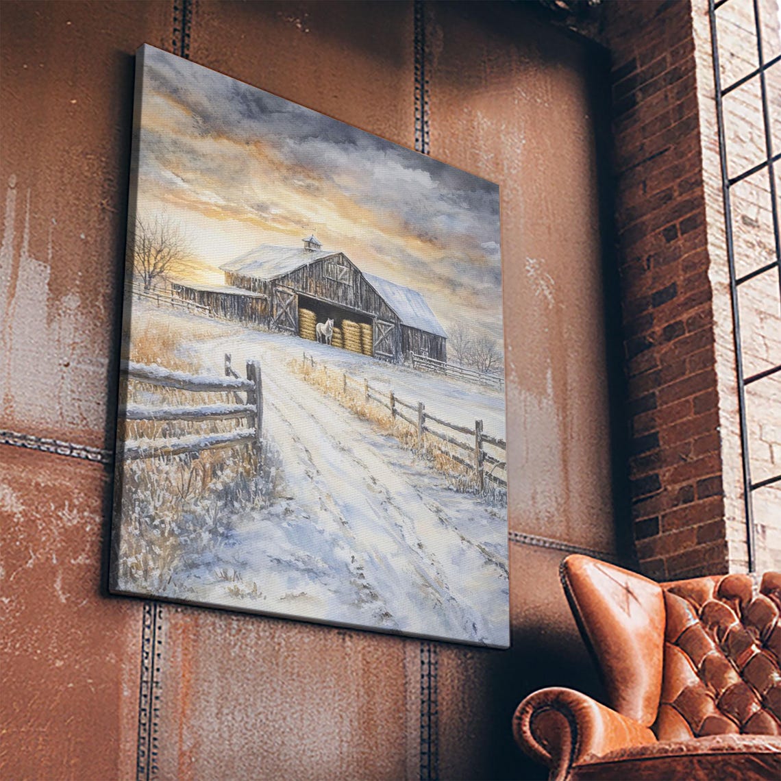 Winter Barn Snow Horse Split Rail Fence Moody Sky Watercolor Wall Art