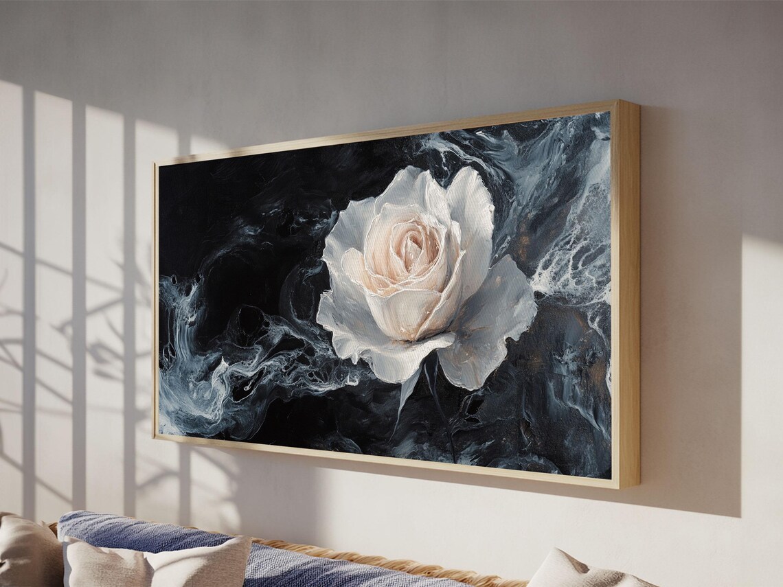 White Rose On Black Dramatic Floral Oil Painting Modern Art Poster - Image 4