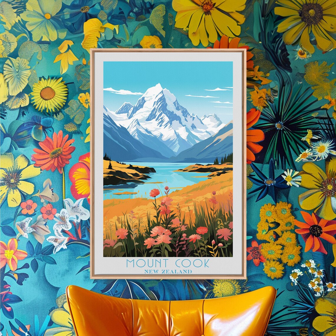 Mount Cook New Zealand Snow Peak Alpine Lake Wildflower Travel Poster - Image 2