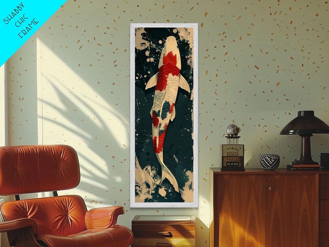 Serene Koi Fish Swimming In Deep Blue Water With Red Accents On Tall Vertical Japanese Inspired Print