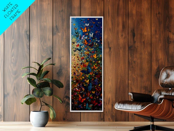 Burst Of Colorful Butterflies In A Floral Meadow Skinny And Tall Art Energetic Framed Print Vibrant Wall Art