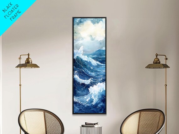 Dramatic Deep Blue Ocean Storm Waves Watercolor Seascape Wall Poster