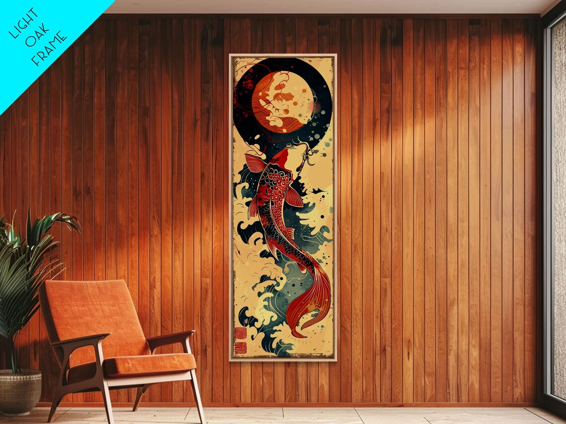 Vibrant Red Koi Fish Swimming Toward Moon Japanese Art Print - Image 3