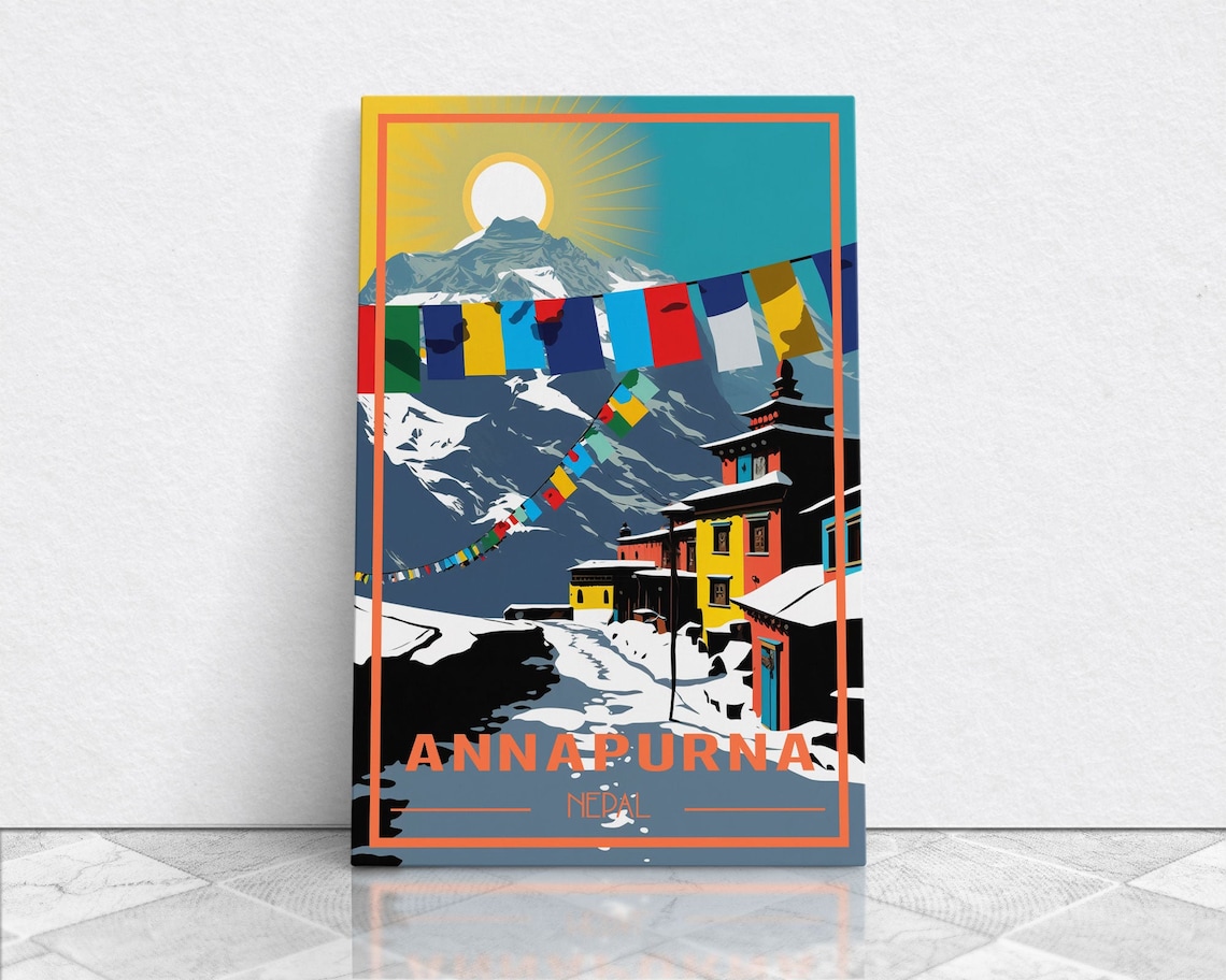 Annapurna Nepal Snowy Peaks Prayer Flags Village Retro Travel Poster - Image 6