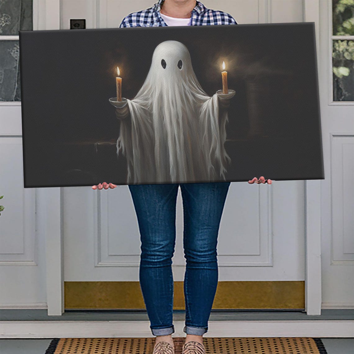 Cute Ghost Holding Candles Dark Background Vintage Oil Painting Poster - Image 4