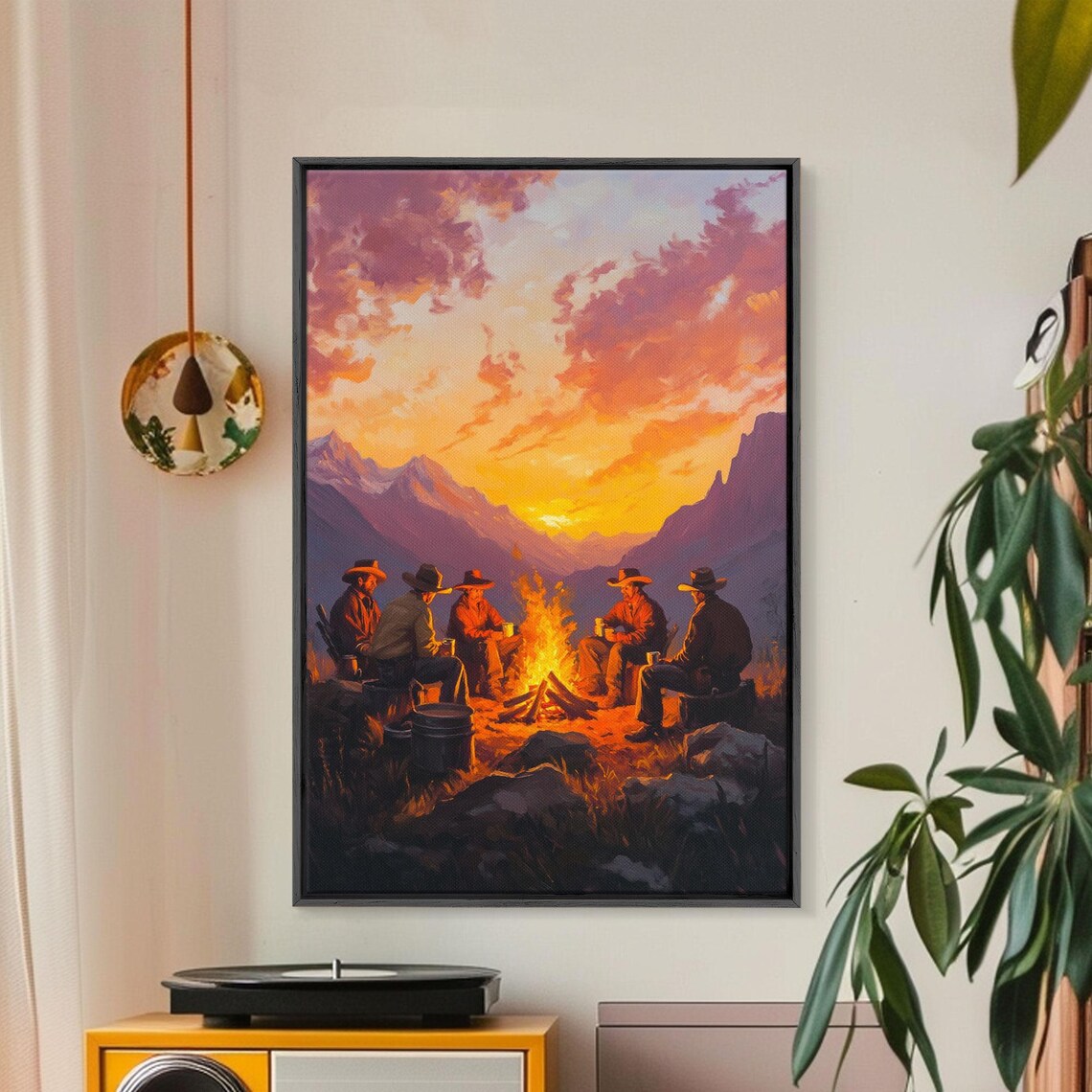 Cowboys Around Campfire In Mountains At Sunset Glow Art Poster - Image 3