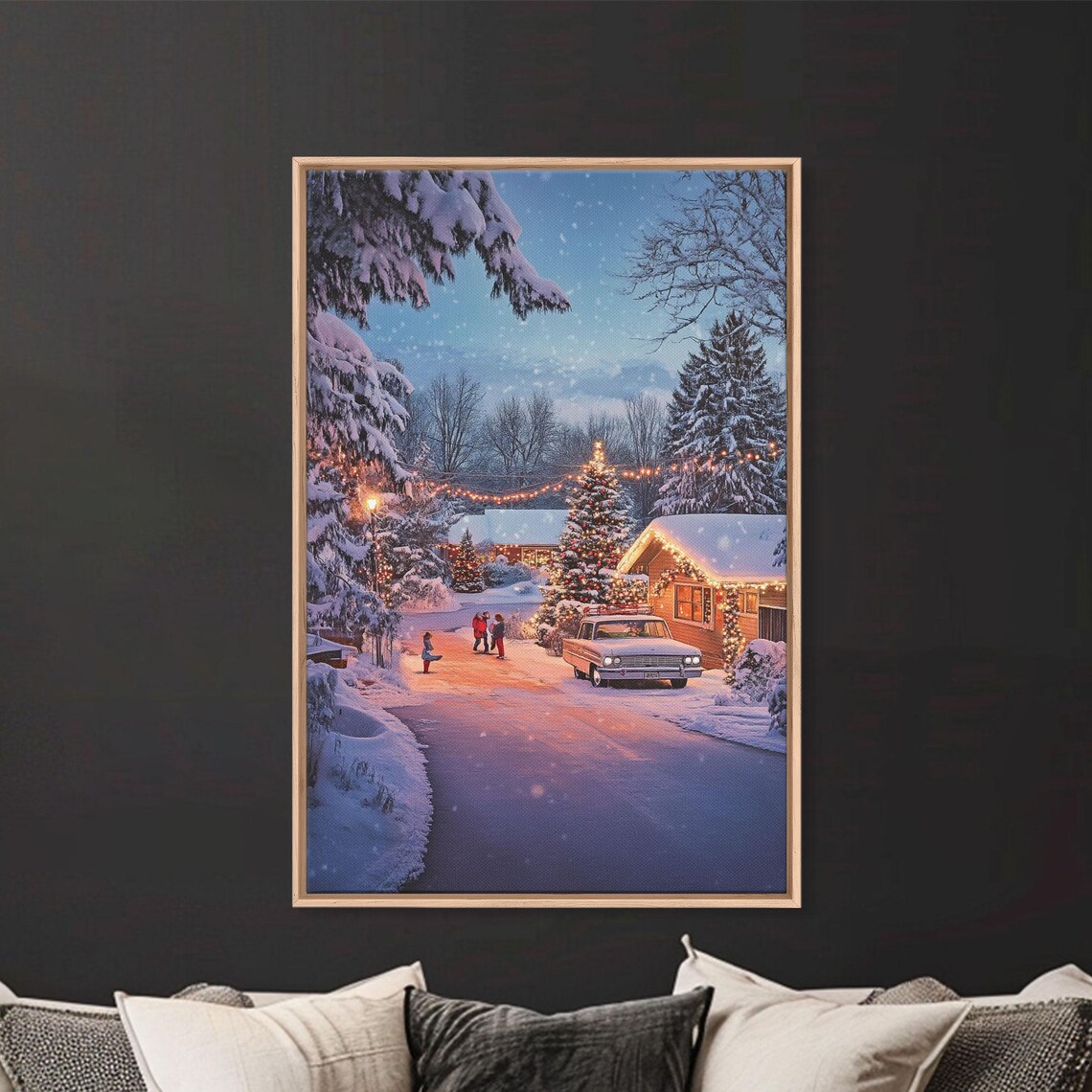 Snowy Christmas Neighborhood Lights On Winter Street Night Poster