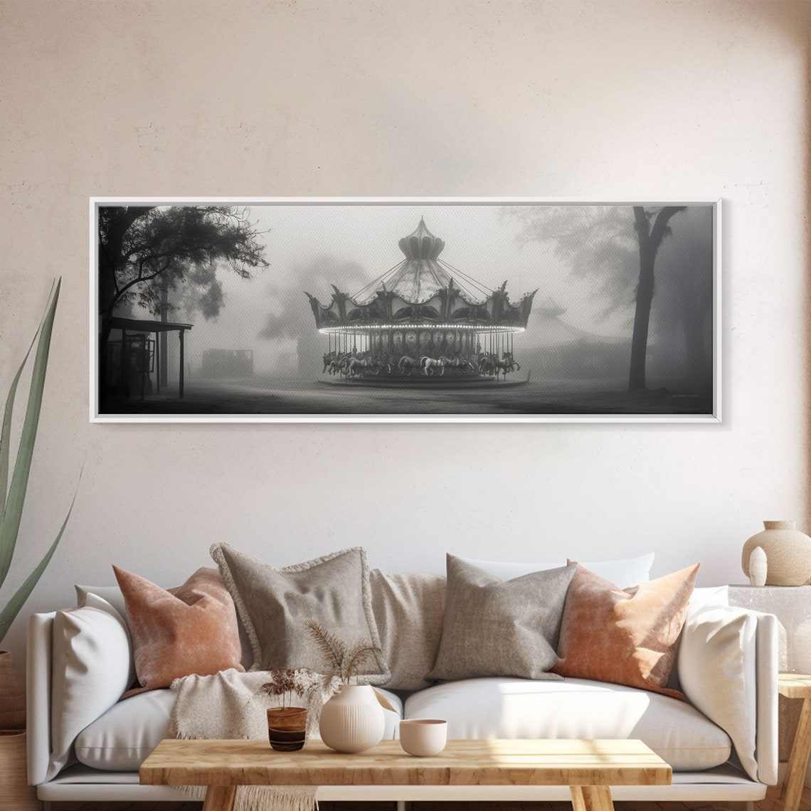 Haunted Carousel In Fog Black And White Spooky Vintage Wall Art - Image 5