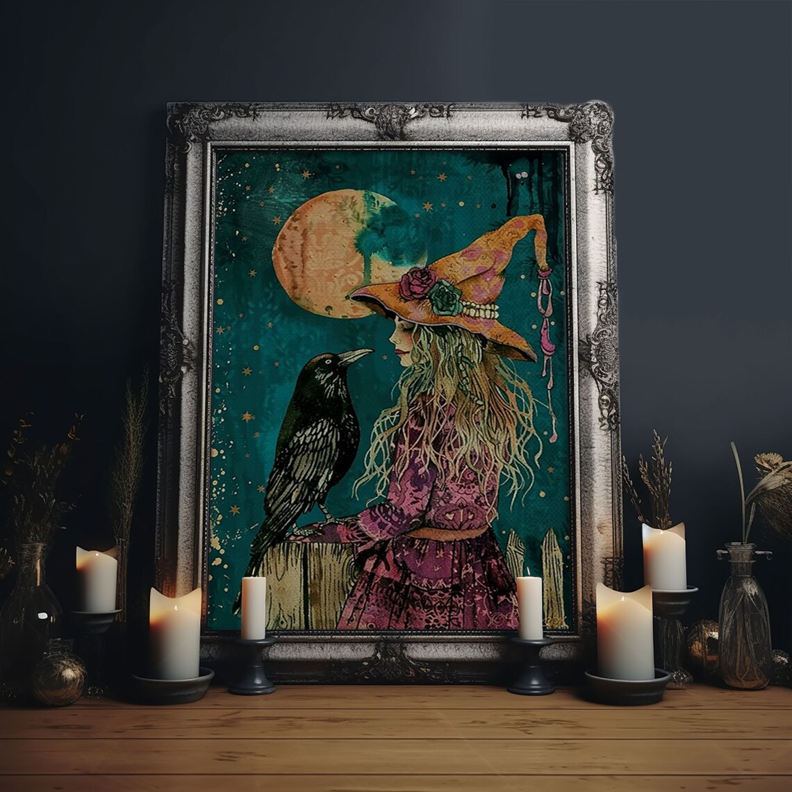 Witch With Crow Under Full Moon Teal Starry Night Magic Illustration Poster