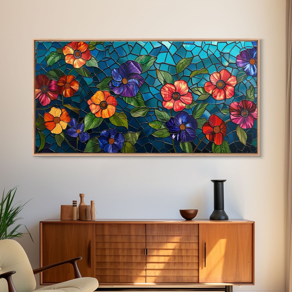 Stained Glass Flowers Turquoise Mosaic Colorful Blooms Wall Art Poster - Image 6
