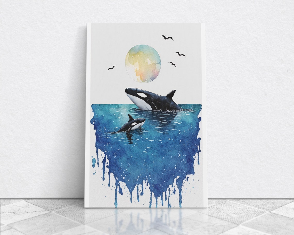 Watercolor Orca Whales Mother Calf Ocean Blue Drip Nursery Art Poster - Image 5