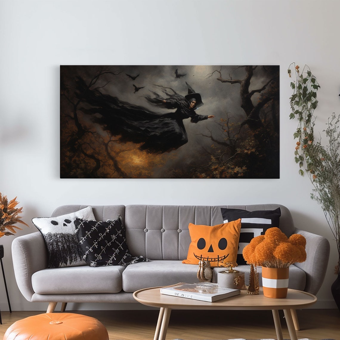 Witch Flying On Broom Over Misty Forest Full Moon Halloween Poster - Image 6
