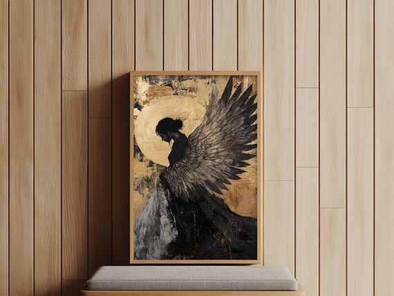 Dark Angel Silhouette Gold Moon Gothic Angel Wings Art Print