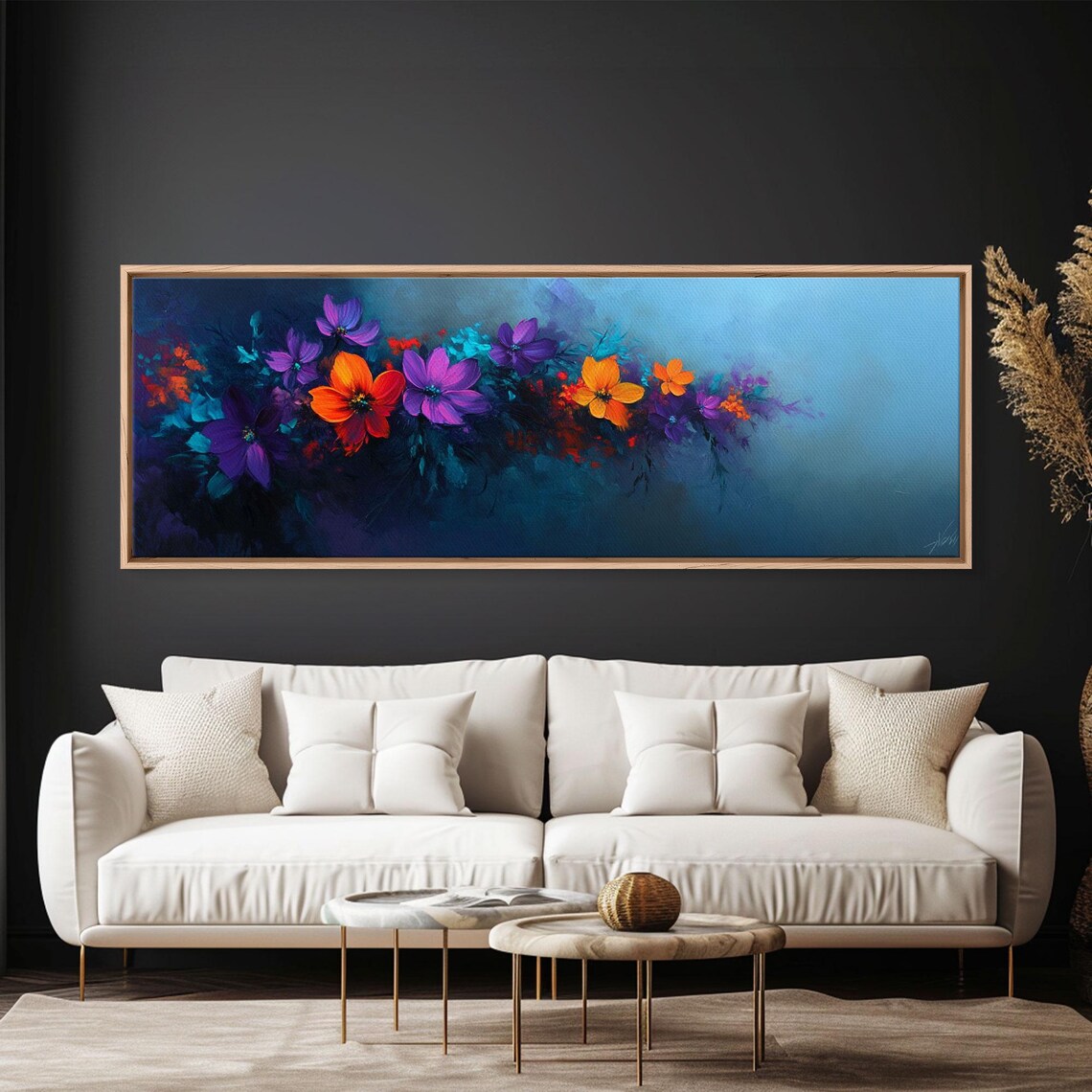 Purple And Orange Flowers On Navy Blue Moody Floral Oil Poster