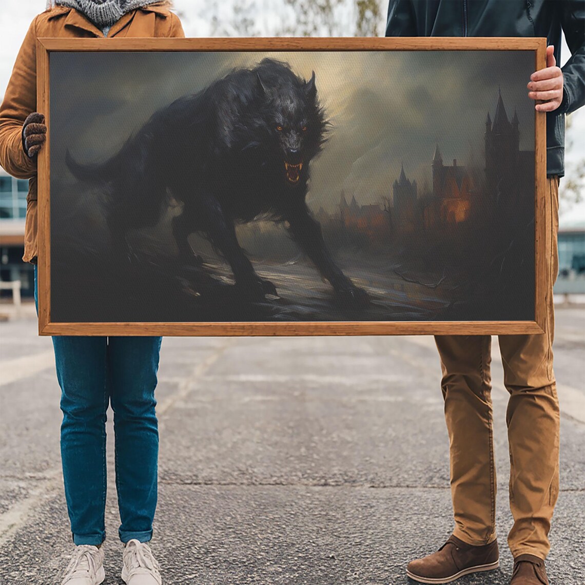 Giant Black Werewolf Gothic Castle Night Horror Painting Dark Poster - Image 3
