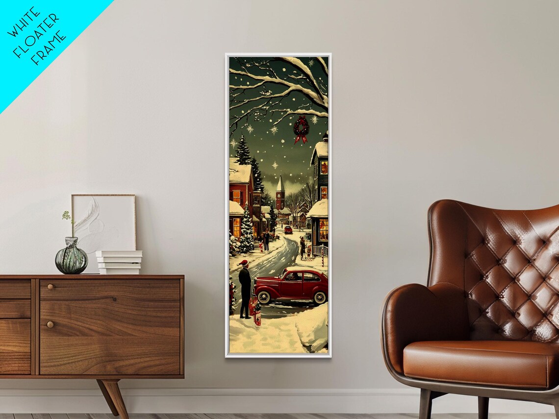 Snowy Night Street Red Vintage Car Wreath Church Christmas Poster