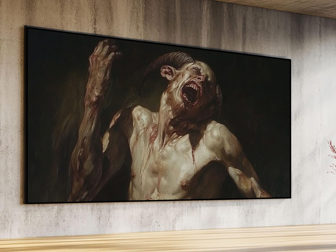 Gothic Horror Satyr Painting Screaming Demon Baroque Dark Oil Wall Art - Image 2