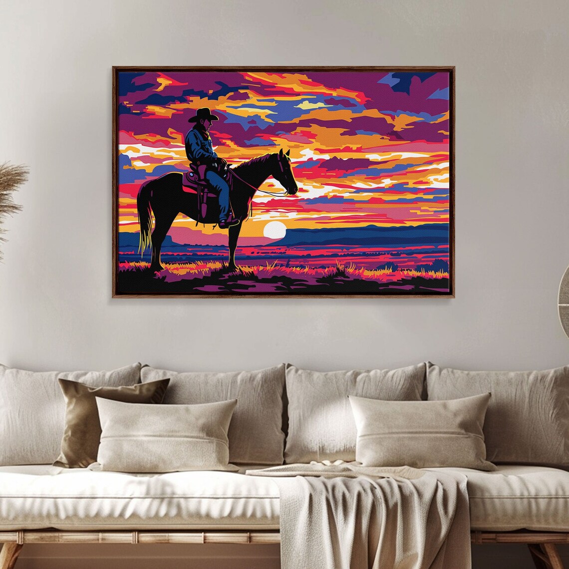 Wild West Cowboy Horseback Sunset Neon Pop Art Silhouette Art Poster