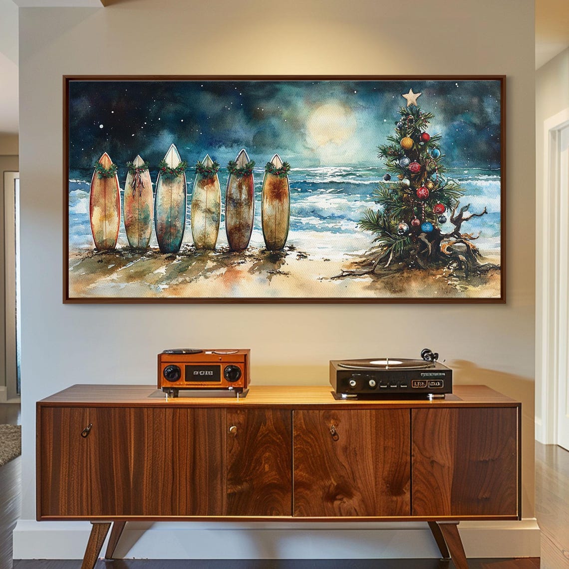 Christmas Surfboards Night Beach Moonlit Ocean Holiday Tree Art Poster - Image 2