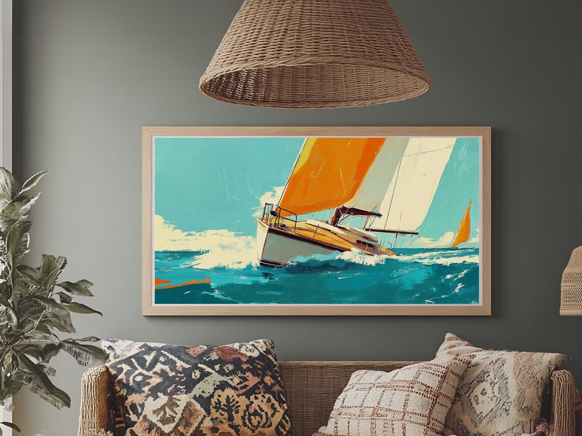 Retro Sailboat Racing Poster Orange Sail on Turquoise Waves Beach Print - Image 5