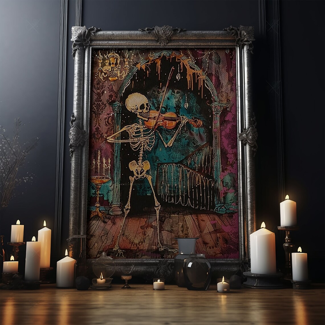 Skeleton Violinist Gothic Ballroom Chandelier Halloween Art Poster - Image 4