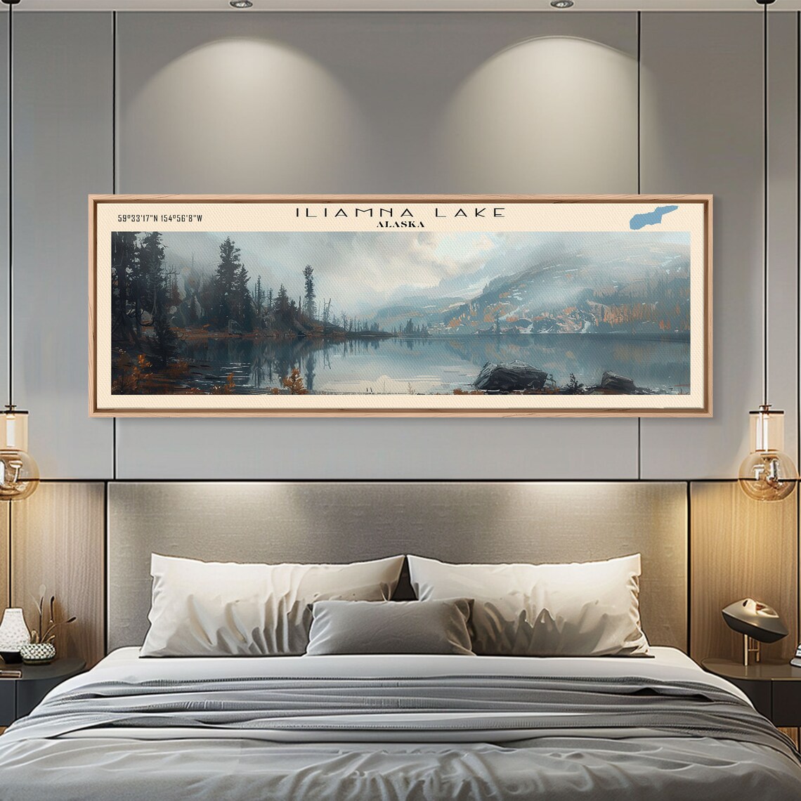 Iliamna Lake Alaska Misty Pine Shore Snowy Peaks Travel Poster - Image 2