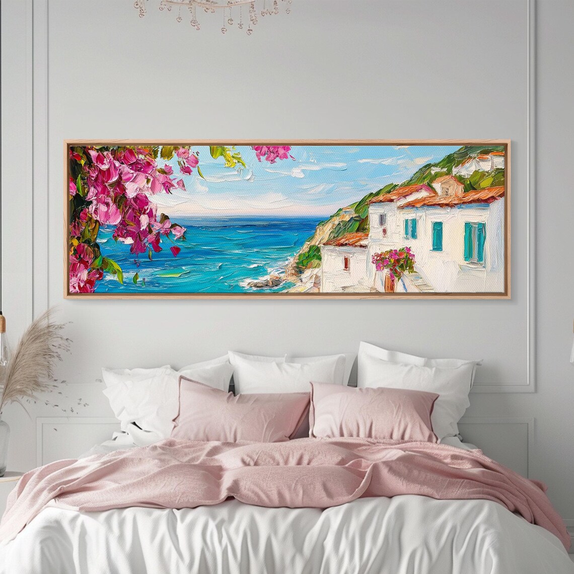 Mediterranean Coastal Village Bougainvillea Sea View Oil Painting Poster - Image 6