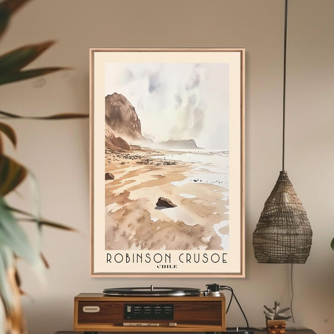 Robinson Crusoe Chile Misty Cliff Beach Sepia Watercolor Poster - Image 3