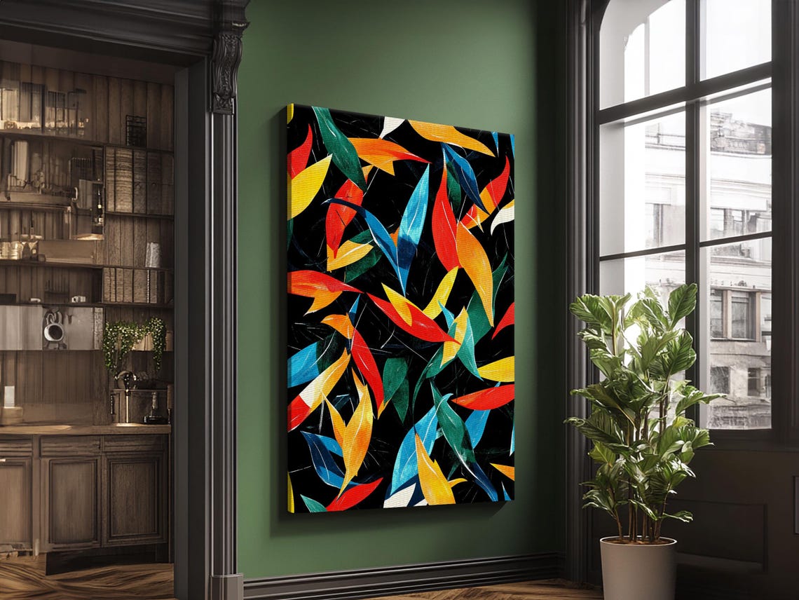 Colorful Autumn Leaves Pattern On Black Retro Mid Century Style Poster