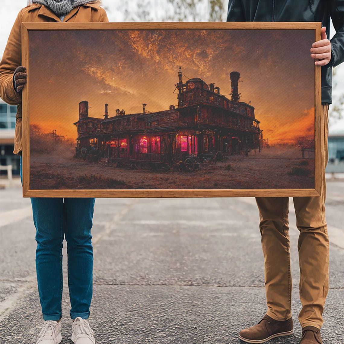 Steampunk Wild West Building Glowing Red Windows Desert Sunset Poster - Image 3