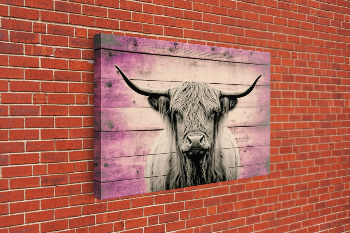 Pink Rustic Cattle Art Framed Print Framed Wall Art Primitive Rustic Minimalist Farmhouse Decor Highland Cattle Distressed Art - Image 3