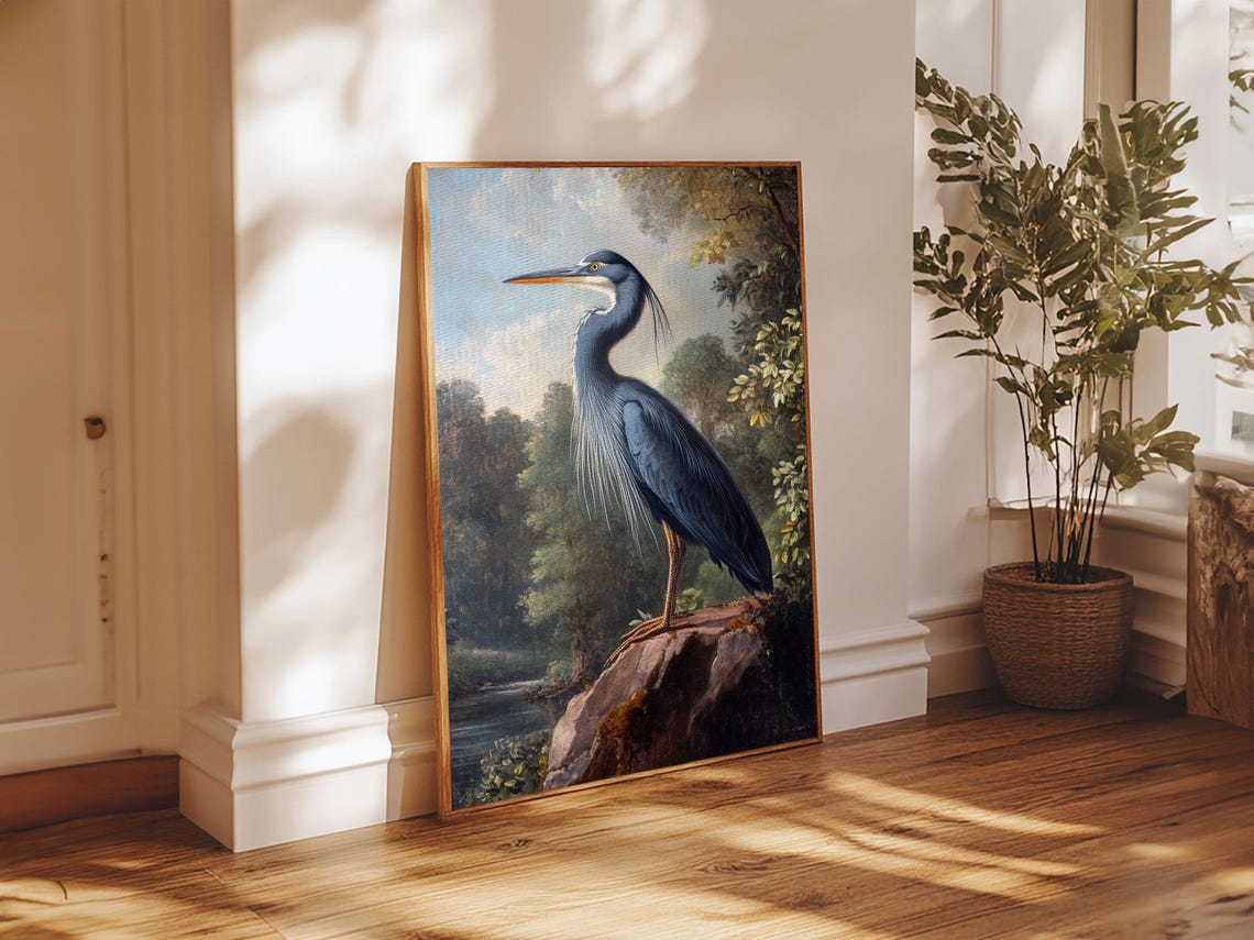 Great Blue Heron Standing on Rock River Landscape Wildlife Art Print