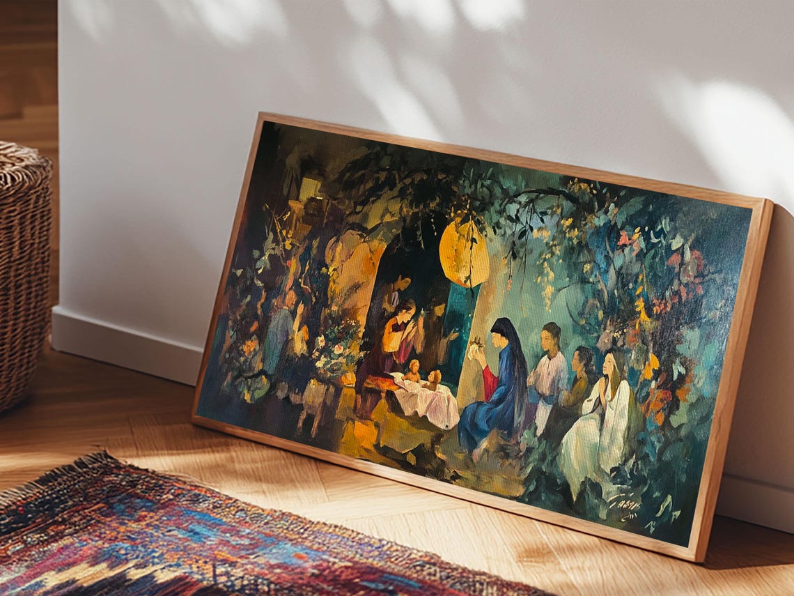 Nativity Stable Night Moonlight Jesus Manger Christian Art Poster - Image 5