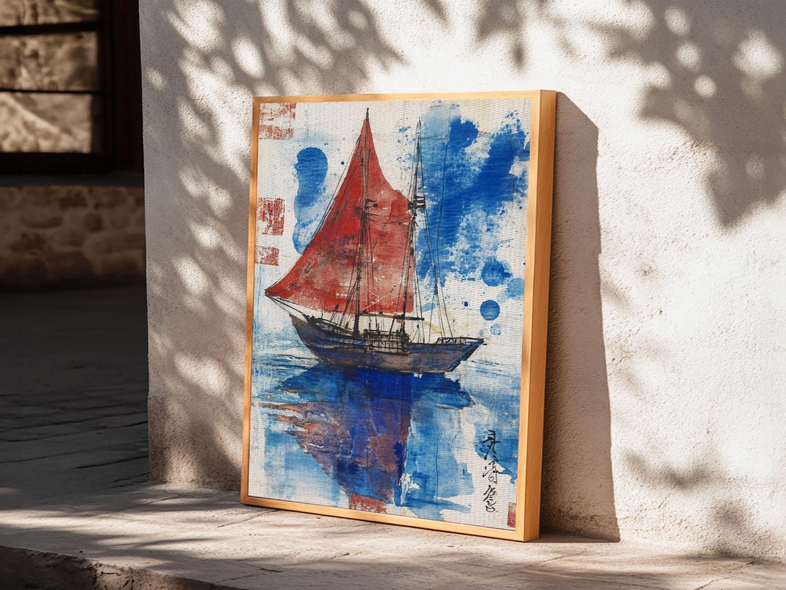 Japanese Sailboat With Red Sails Blue Watercolor Nautical Art Poster - Image 4