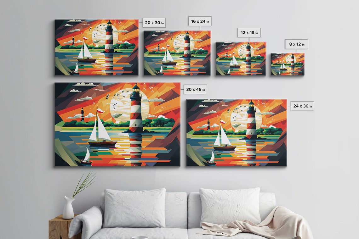 Colorful Sailboat Lighthouse Sunset Geometric Pop Nautical Art Poster - Image 2