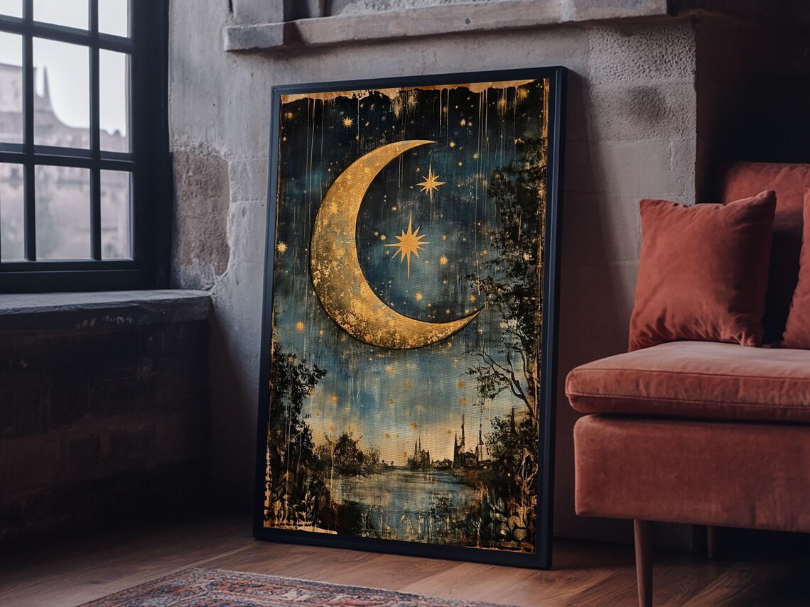 Crescent Moon Starry Night Folk Art Boho Eclectic Poster - Image 2