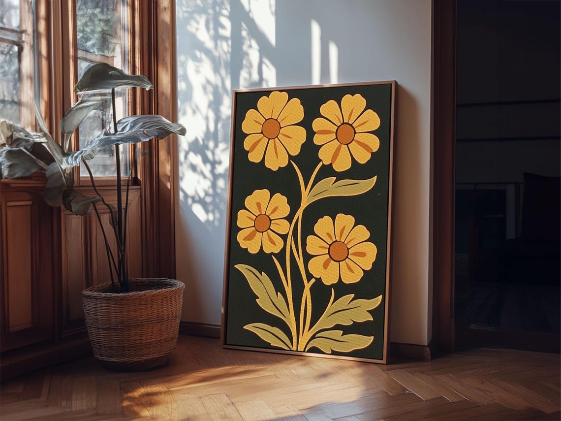 Yellow Daisy Flowers Dark Background Retro Minimalist Floral Art Print - Image 3