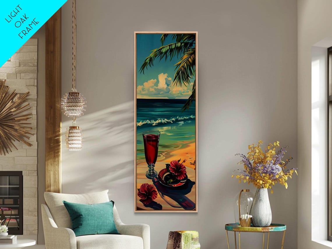 Beach Cocktail Sunset Tropical Hibiscus Palm Ocean Scene Wall Art - Image 3