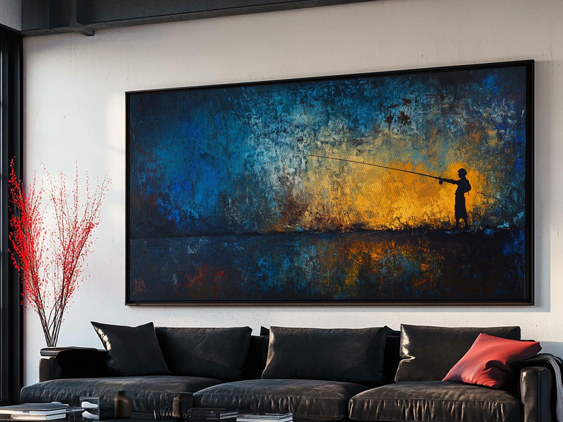 Retro Oil Painting Print Of A Fisherman Fishing Gift Idea Fisherman Gift Fishing Painting Fishing Art
