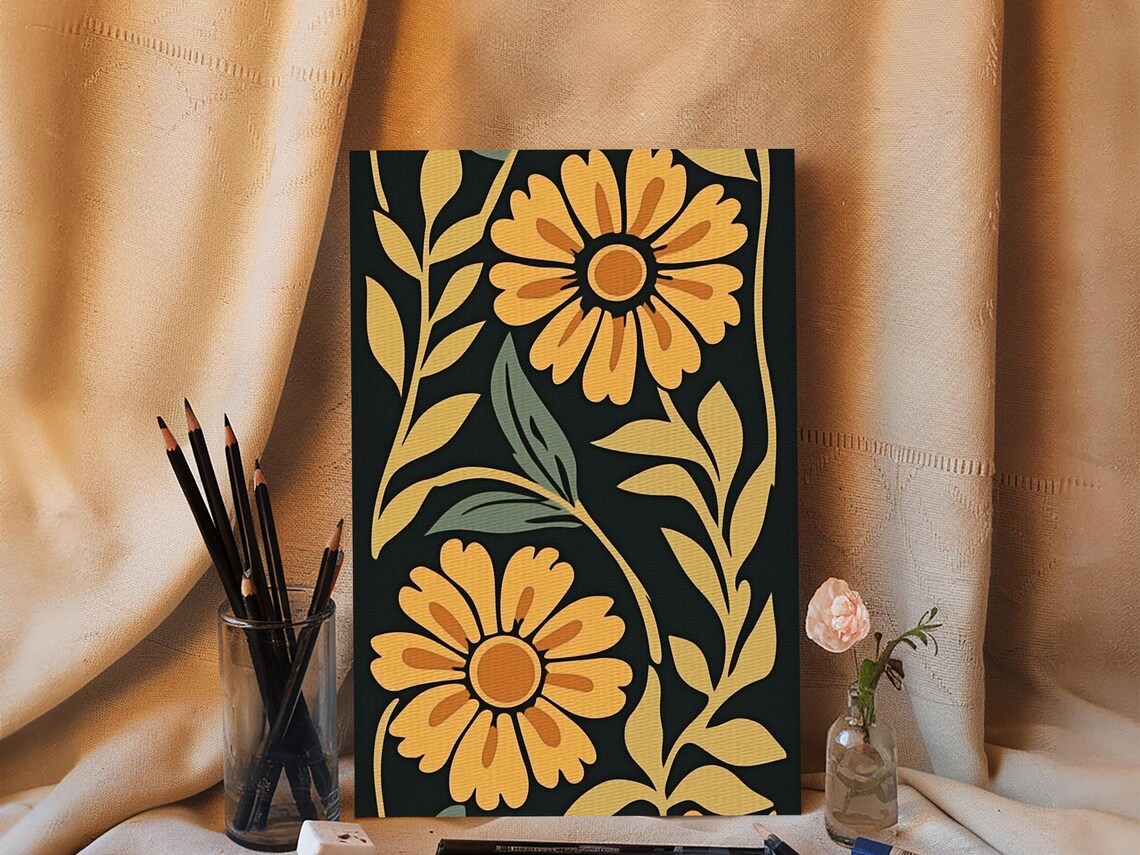 Vintage Yellow Daisy Flowers Dark Green Retro Botanical Art Poster - Image 2