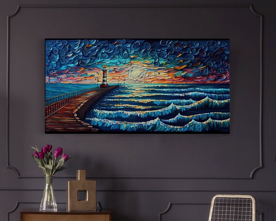 Starry Night Lighthouse Sunset Pier Ocean Waves Swirling Sky Art Poster